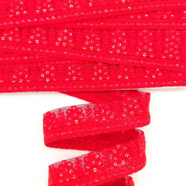 Red Net Lace Trim With Floral Embroidery And Gold Sequins, Sequinned Trim, Wedding Trim Bridal Trim